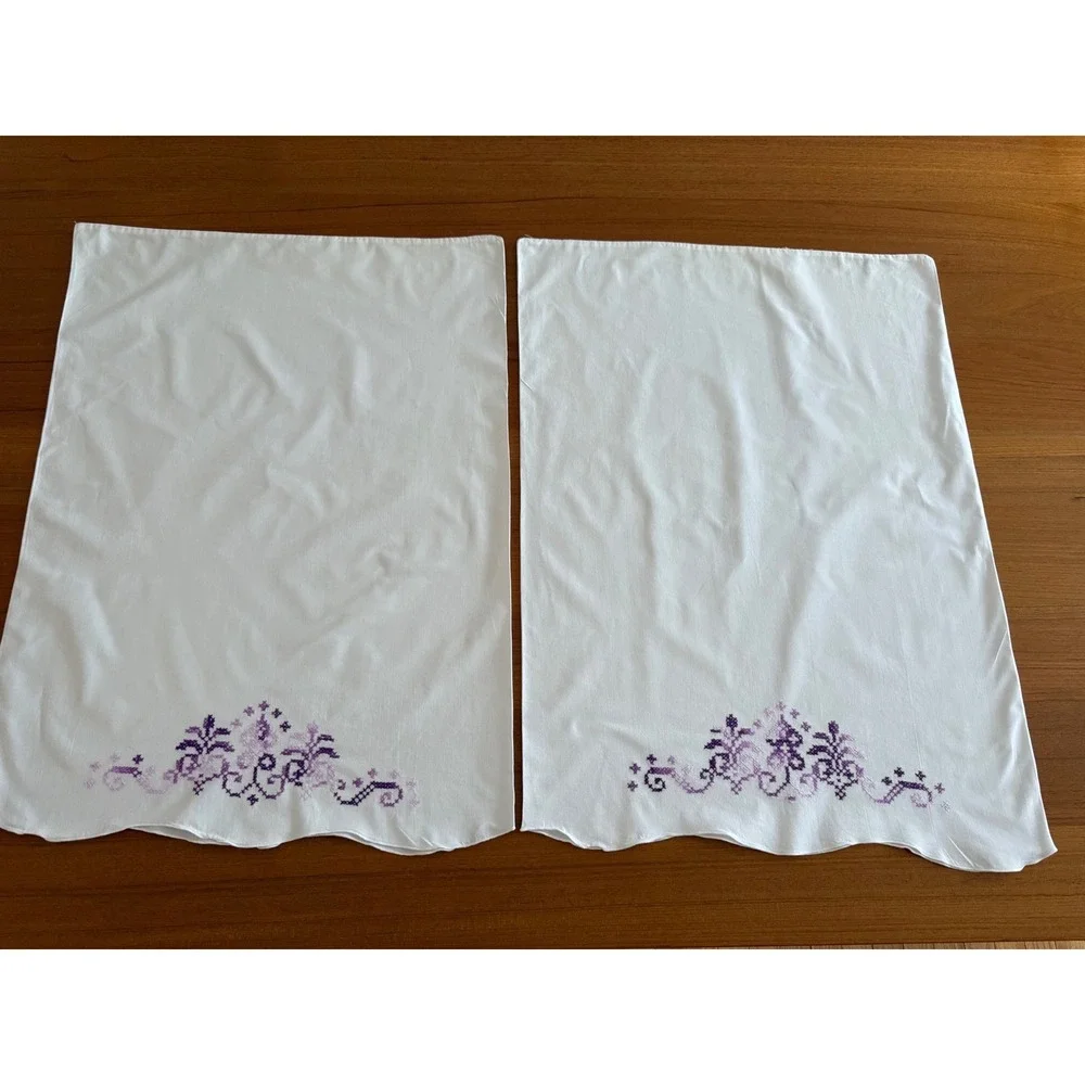 Embroidered Vintage Cotton Standard Pillowcase Set Floral Cross Stitch
